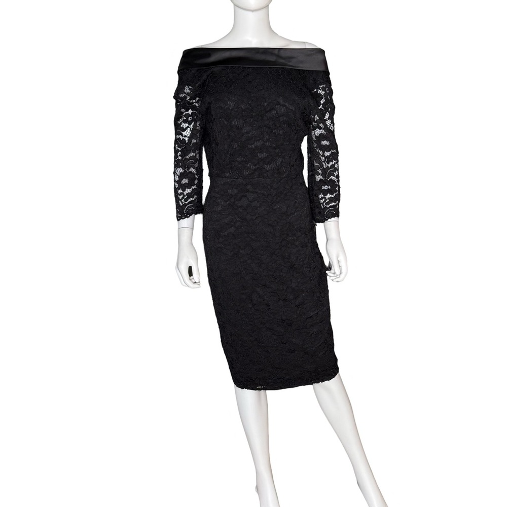 Adrianna Papell Women's Roll Neck Lace Dress With Sheer Elbow Sleeves Black NWT - Picture 2 of 8